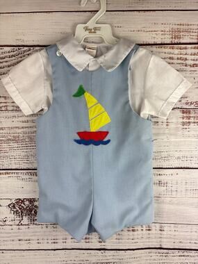 VTG Samara 2-Pc Romper Set Blue Overalls Sailboat Peter Pan Collar Boys 18-24 M